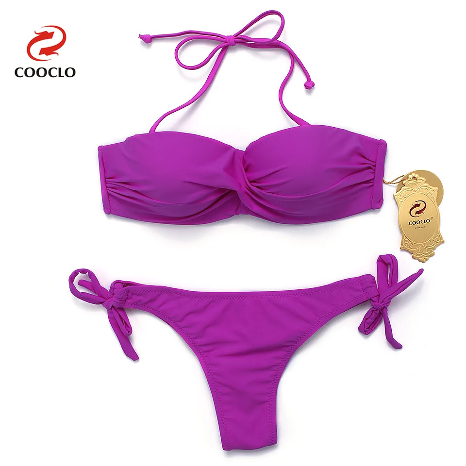 COOCLO Solid Color Sexy Bikini 2019 Women Swimwear Halter Push up Gathered Bikinis Brazilian Bottom Beach Wear Swimsuit Biquinis