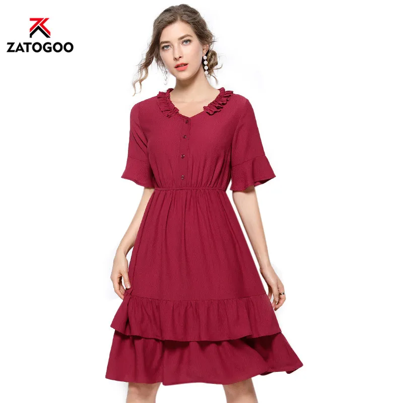 

Quality Autumn Women Ruffles Neck Stitching Elegant Layers Dress Slim Short Sleeve Elastic Waist Tiered Solid Red Pleated Dress