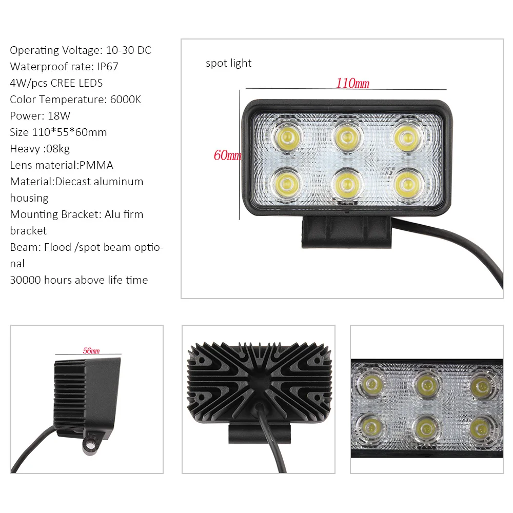 

18W LED Tractor Truck Trailer Work Light bar Flood Spot beam Fog Driving Lamp 12V 24v for Motorcycle SUV Offroads Boat Off Road