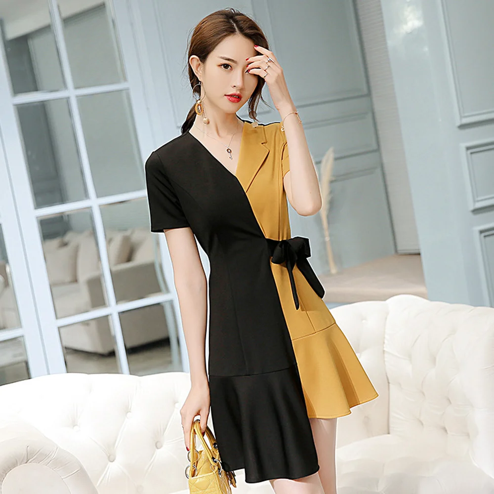 

2019 New Summer Dress Female Korean Splice Irregular Dress Turn-down Collar Temperament Competent asymmetric Patchwork dress