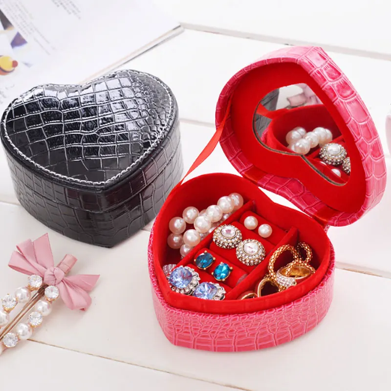 

Portable Mini Heart Shape Jewelry Box Leather Crocodile Pattern Jewelry Organizer Earrings Necklaces Storage Box For Women