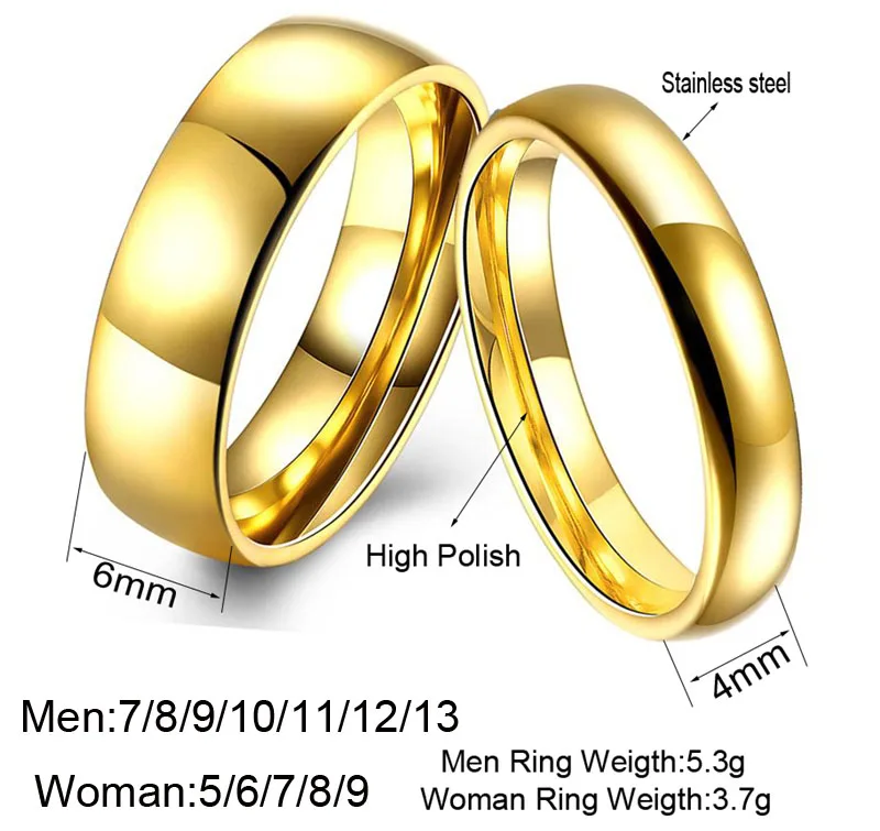 Simple Couple Wedding Rings Pair Gold-Color Couple Rings Stainless Steel Jewelry Couple Engagement Rings Set For Women And Men