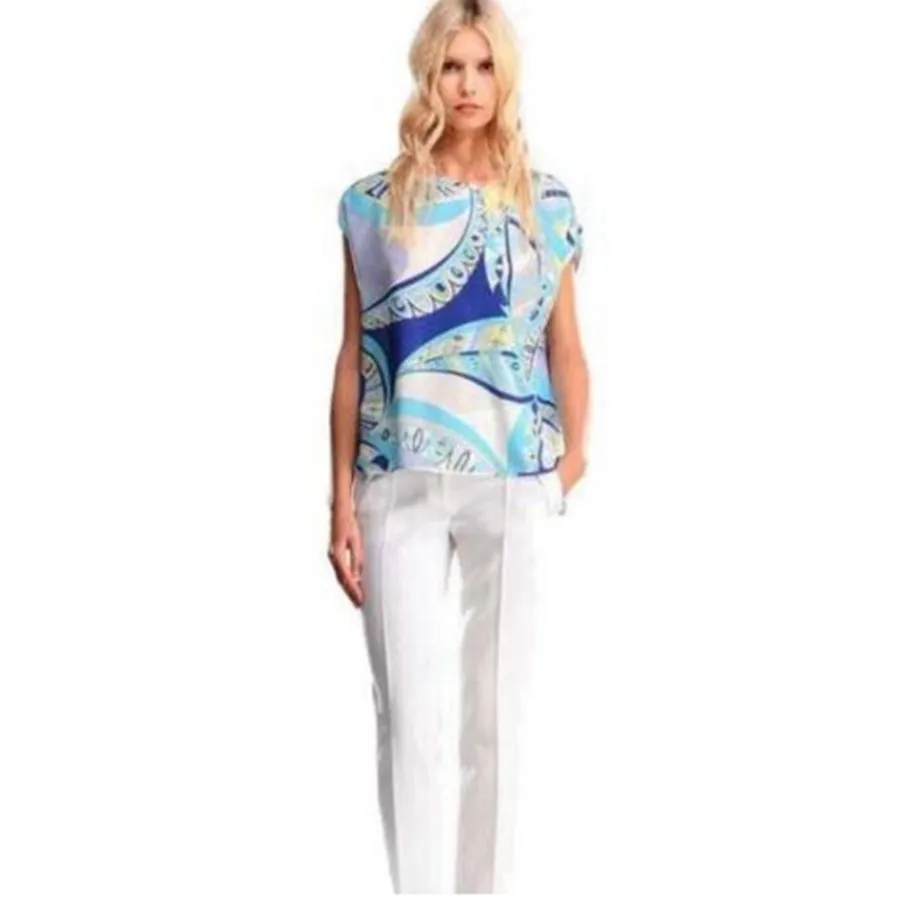 

New 2018 Summer High Quality Runway epucci Designer Blouse Women's Short Sleeve Blue Geometric Print Casual Sheath Tee