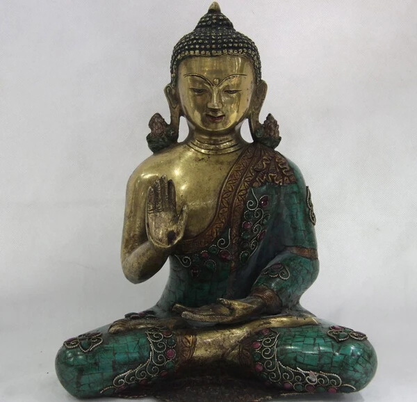 

USPS to USA S3543 Tibet Pure Copper Gild inlay Turquoise Ruby Gem Sakyamuni Buddha Amitabha Statue