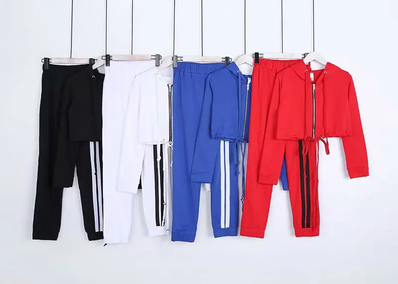 Zip De Rayé Ensemble Capuche À blue black white Up Récolte Et Survêtement Red Femmes 0qYfdAw0