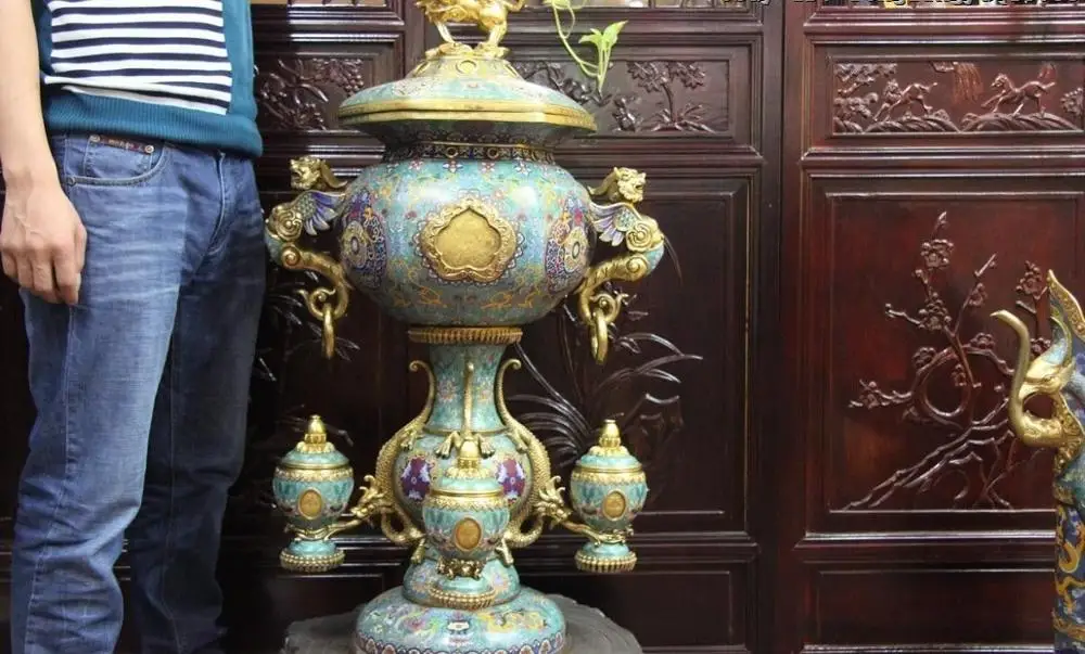 38 Royal Bronze Copper 24K Gold Gilt Cloisonne Lion Dragon palace lantern Censer | Дом и сад