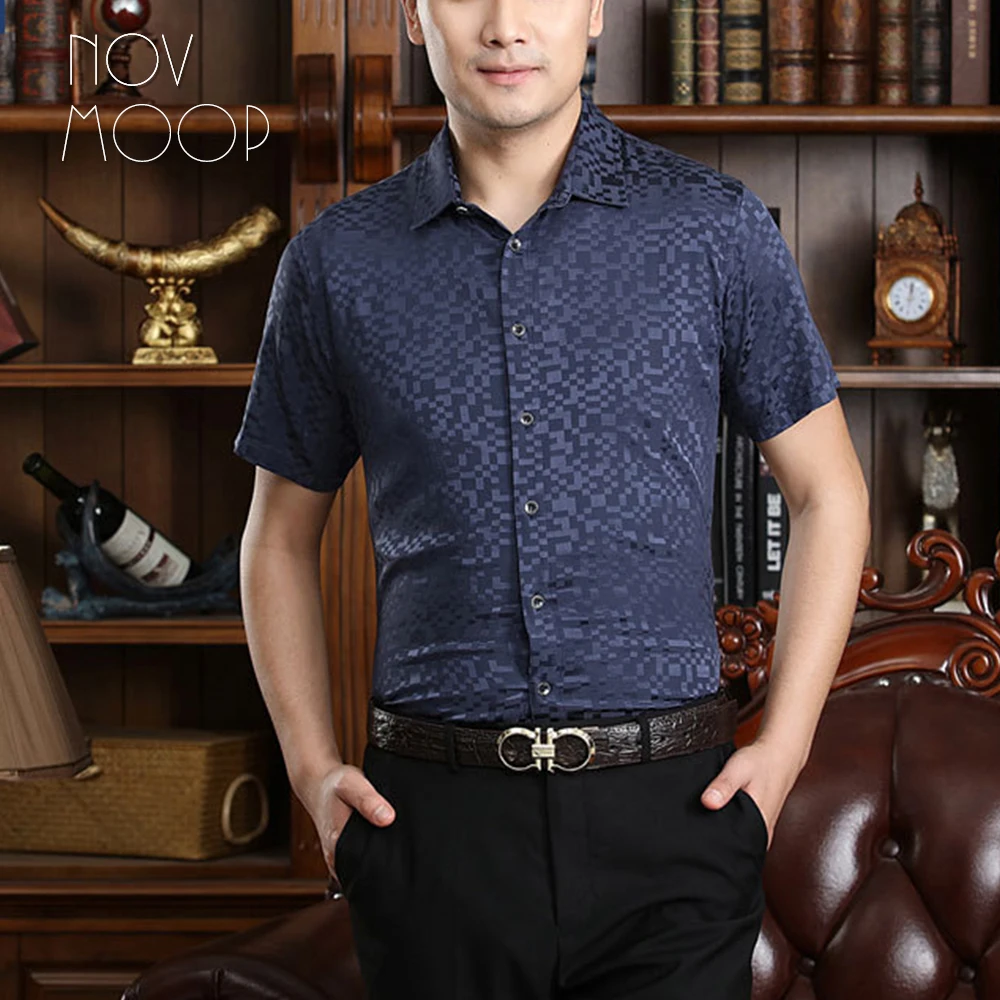 Летние мужские натуральный шелк бизнес рубашки с коротким рукавом клетка, жаккард рубашка сорочка homm camiseta masculina LT2224