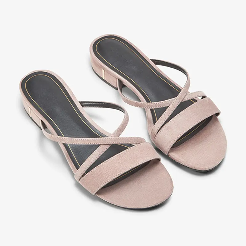ElisabetTang New Summer Slide Slippers For Woman Fashion Outdoors Cross-tied Narrow Band Comfortable Chunky Heels Slippers