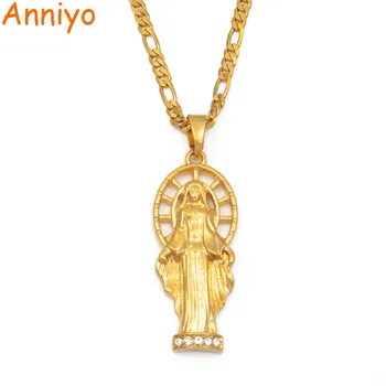 

Anniyo Virgin Mary Pendant Necklaces W/Stone Women Men Gold Color Our Lady Jewelry Wholesale Colar Cross Religion Chains #016116