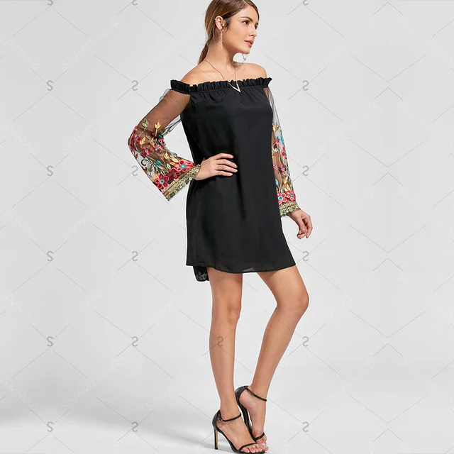 Elegant Party Dresses 2018 Spring Summer Off Shoulder Floral Loose Dress Embroidered Mesh Sleeve Dress 1