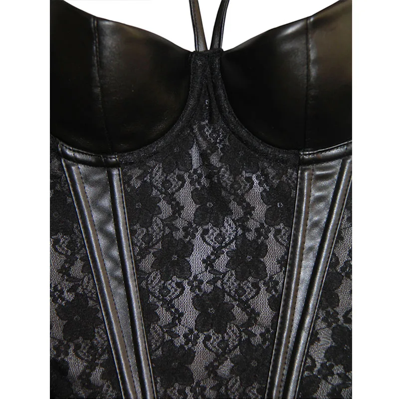 Black Wetlook Gothic Women's Slimming Waist Trainer Hot Body Shaper Sexy Sheer Floral Lace Leather Corset Bustier Plus Size XXXL-W5722-1 (8)