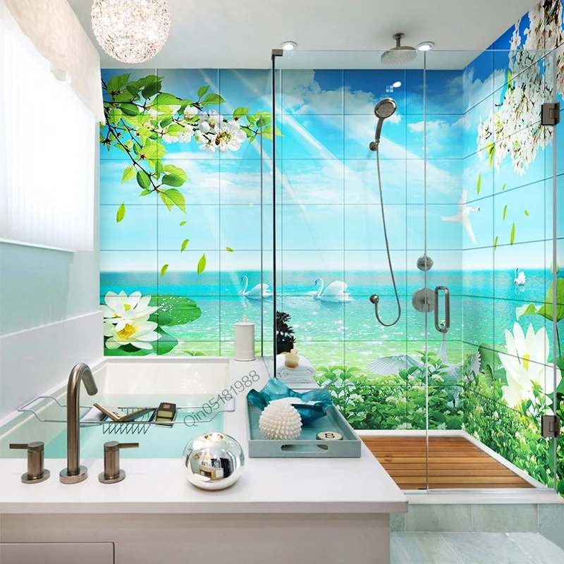 Custom Photo Wall Paper 3D Fresh Romantic Swan Lake Bathroom Backdrop ...