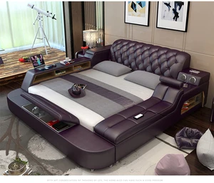 Genuine leather bed frame Soft Beds massager storage safe speaker LED light Bedroom cama muebles de dormitorio / camas quarto Genuine leather bed frame Soft Beds massager storage safe speaker LED light Bedroom cama muebles de dormitorio / camas quarto