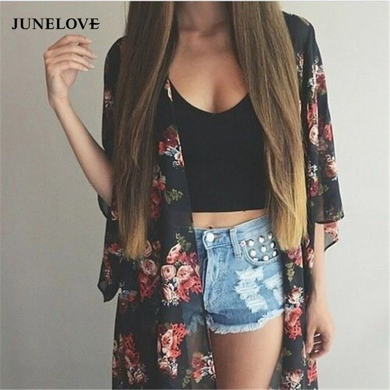 Женское винтажное кимоно JuneLove повседневное длинное летнее из шифона свободная