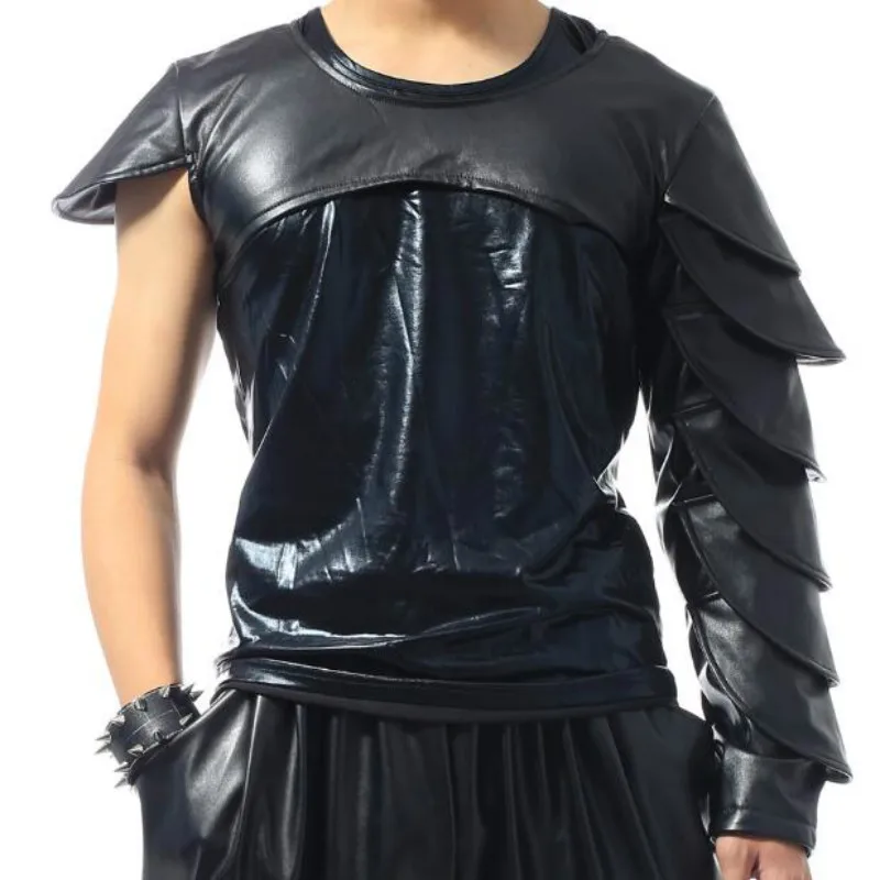 

Nightclub stage star male singer leather DS show costume slant shoulder skin blouse trend personality DJ rock suit