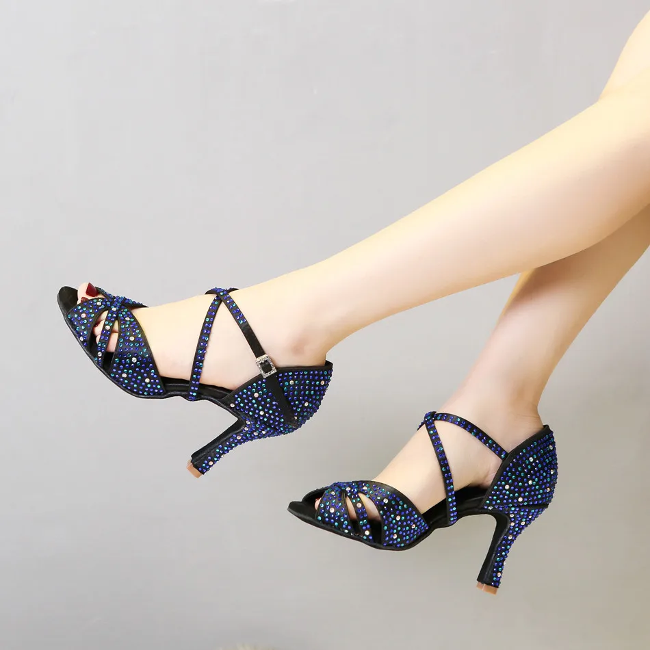 Обувь для латинских танцев; женские блестящие Бальные сандалии со стразами и блестками; цвет синий; обувь для танцев на каблуках туфли для танцев танцевальные туфли обувь для танцев танцевальная обувь