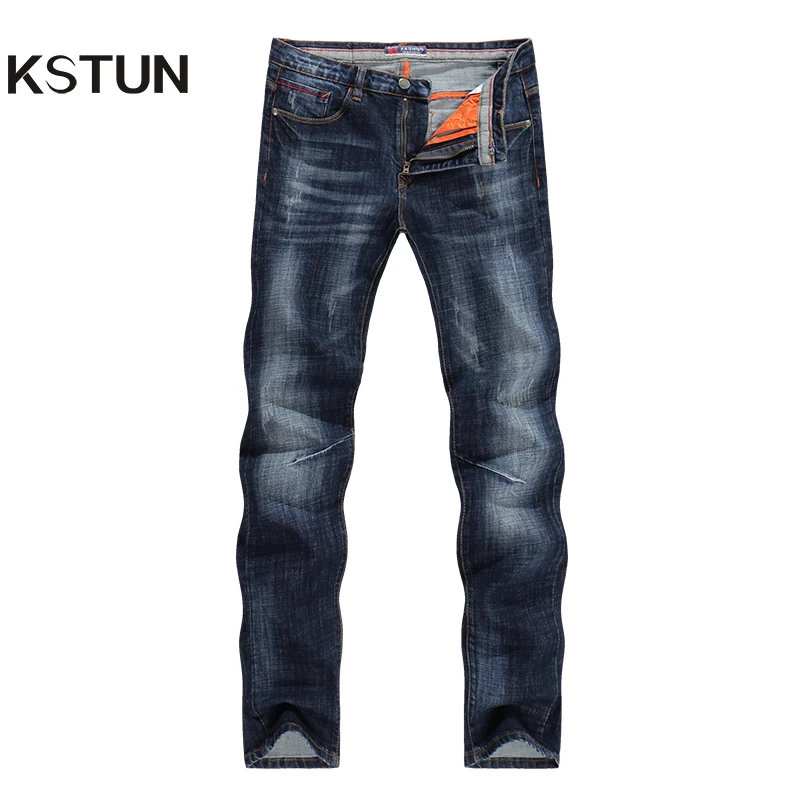 Online KSTUN Nuovi Arrivi Dei Jeans Degli Uomini di Qualità di Marca di Affari casual Maschio Pantaloni In Denim Dritto Slim Fit Blu Scuro Pantaloni da Uomo yong Uomo