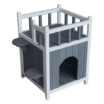 

Outdoor Wood Cat House Pet Home Cat Shelter Condo with Stair Balcony Shelter US Warehouse Drop Shipping Available