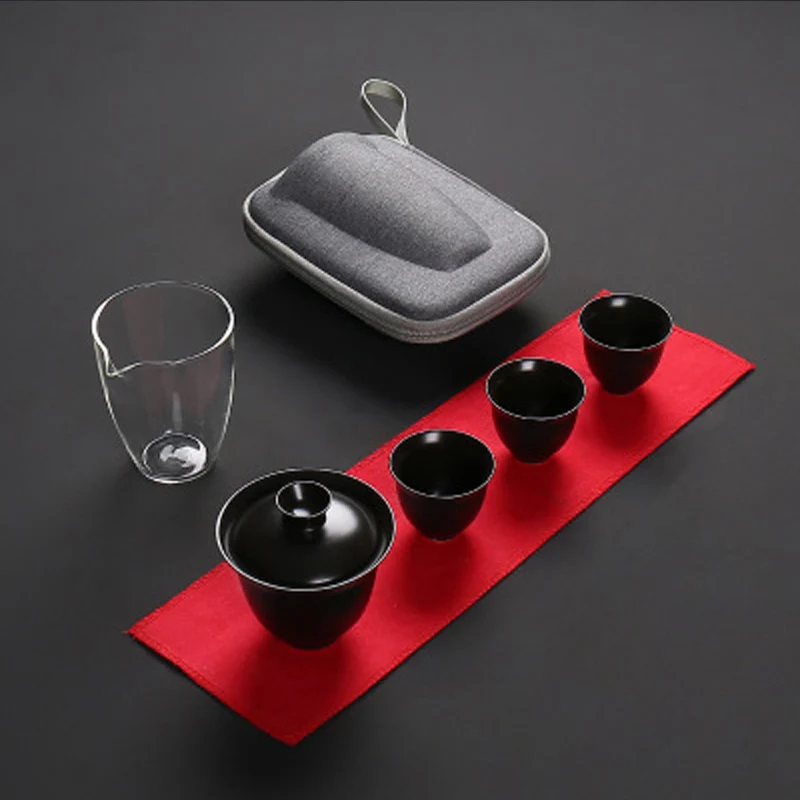 Wourmth дорожный чайный набор, керамический портативный чайный набор, белая фарфоровая чашка Gaiwan, чайная чашка, китайский чайный набор кунг-фу, полный набор, открытый чайный горшок - Цвет: Black