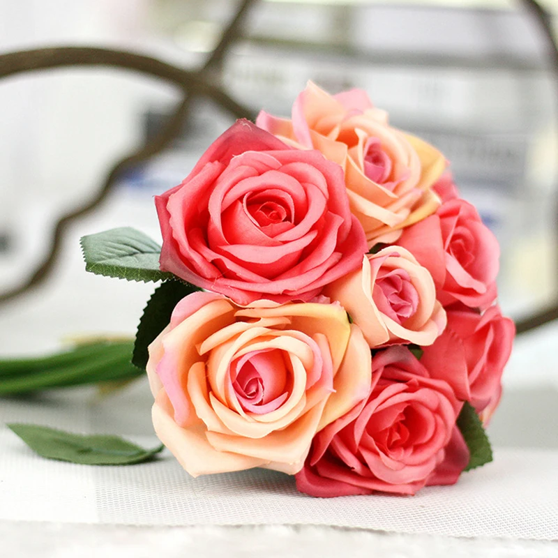 Rose Flowers 6pcs Head+3pcs Bud Artificial Flower For Wedding Valentine's Day Party Bride Bouquet Silk Decorative Flower Rose Rose Flowers 6pcs Head+3pcs Bud Artificial Flower For Wedding Valentine's Day Party Bride Bouquet Silk Decorative Flower Rose