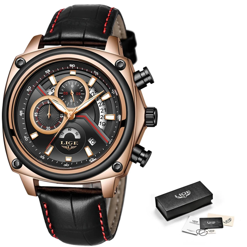 Мужские кварцевые часы Montre Homme LIGE роскошные деловые с хронографом и кожаным