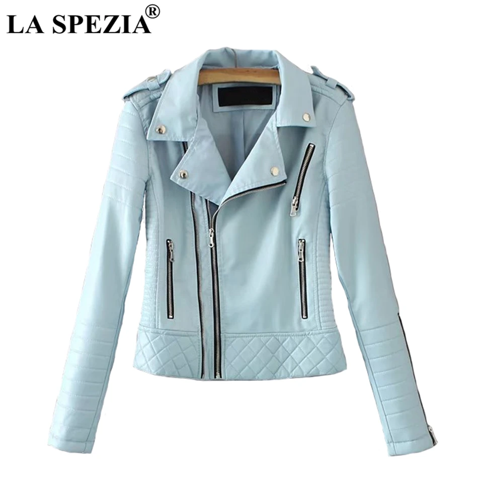 LA SPEZIA Leather Jacket For Women White Motorcycle Rock Coat Ladies Biker Punk Zipper Pockets Autumn Winter Jackets Fashion