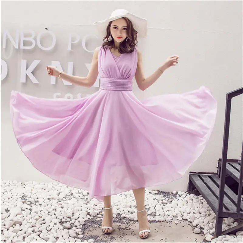 Розовое женское платье Vestidos, повседневное шифоновое длинное платье макси, элегантное пляжное вечернее платье большого размера, белая женская одежда Boho Q1120 - Цвет: Violet