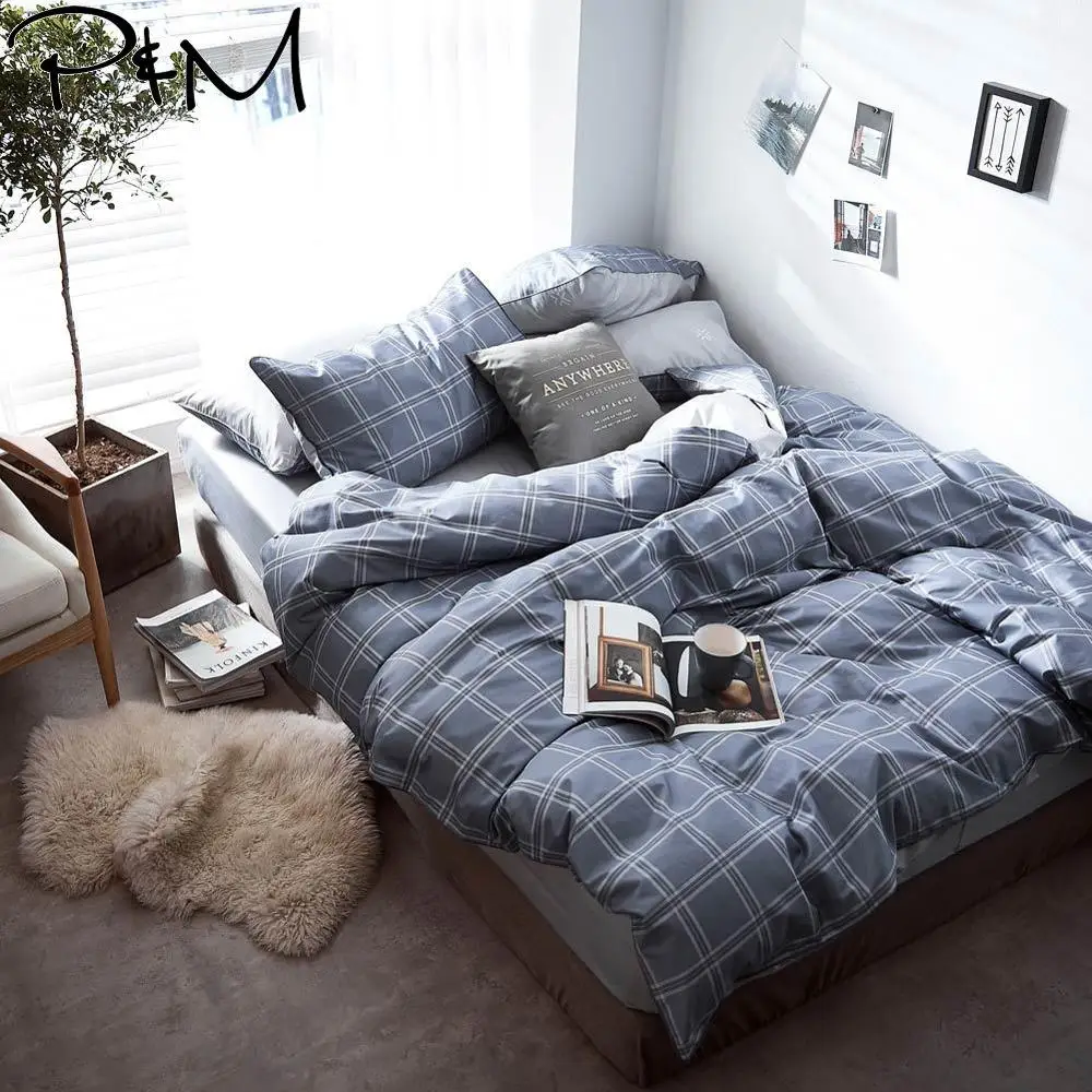

2019 Preppy Grey Blue Plaids Lines Duvet Cover Set Flat Fitted Sheet Cotton Bedlinens Hypoallergenic Twin Queen King Bedlinens