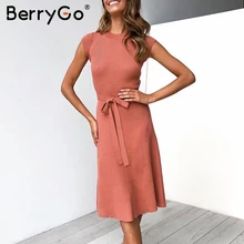 BerryGo элегантное ТРАПЕЦИЕВИДНОЕ женское трикотажное платье с коротким рукавом и поясом, зимнее платье-свитер с круглым вырезом, черные женские осенние платья миди