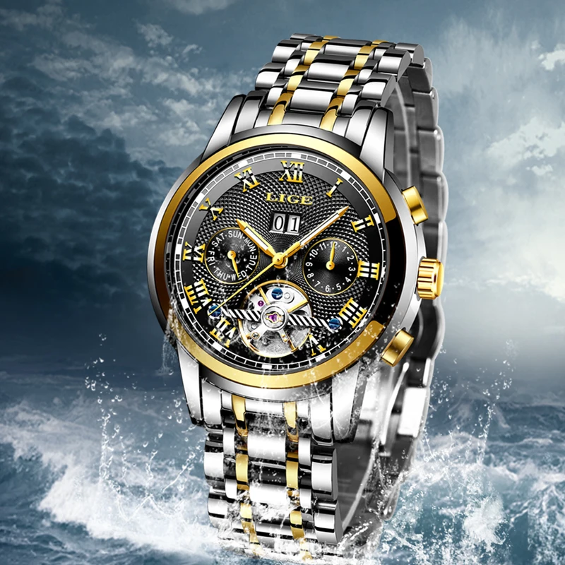 Relogio Masculino LIGE Mens Watches Top Brand Business Automatic Mechanical Watches Mens Stainless Steel Waterproof Sport Watch