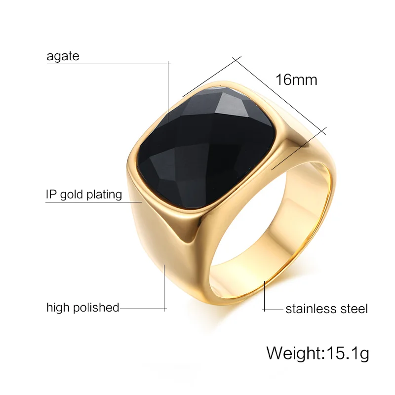 Meaeguet Gent's Jewelry Vintage Rings Gold-Color Stainless Steel Ring Man's Black Onyx Wedding Ring