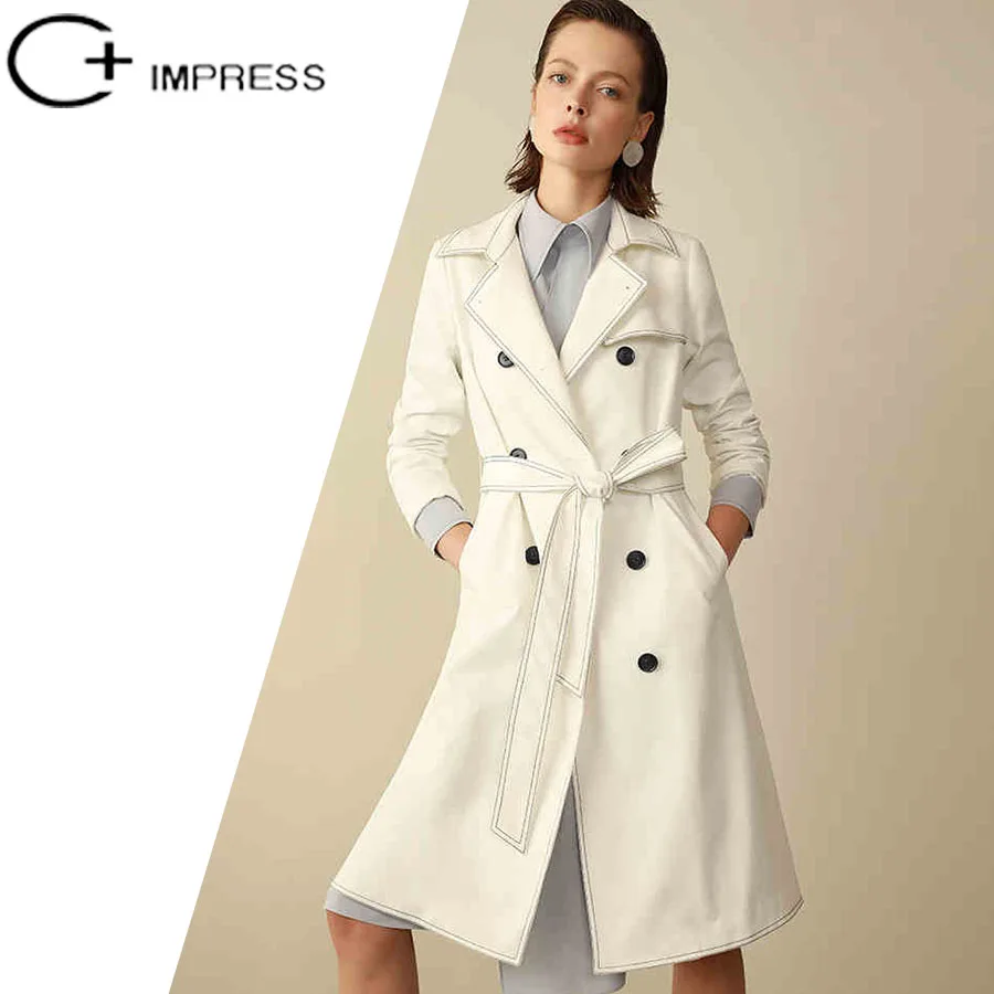 Buy C+IMPRESS Women white trench coat sash windproof