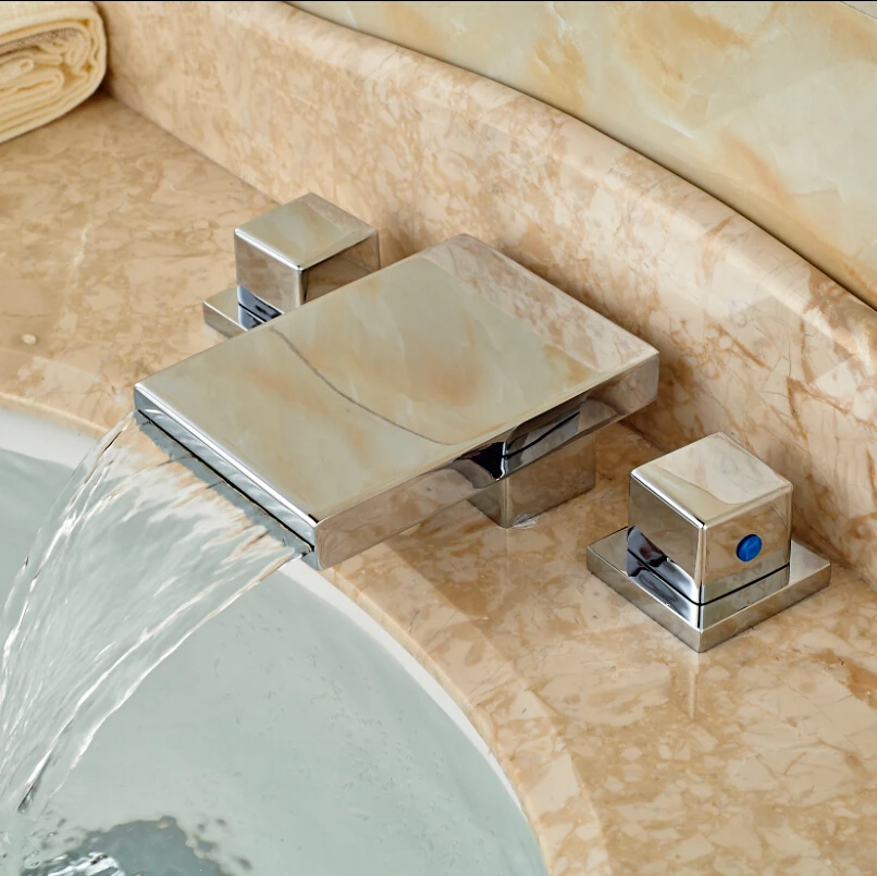 Brand New Widespread 3pcs Bathroom Bath Sink Basin Waterfall Faucet Chrome Finish Dual Handles