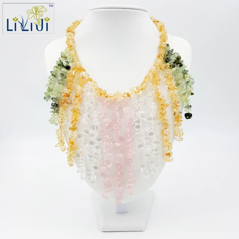 

Natural Citrine Rose Quartz Clear Quartz Prehnite with Jade Toggle Clasp Handmade Knitting Necklace
