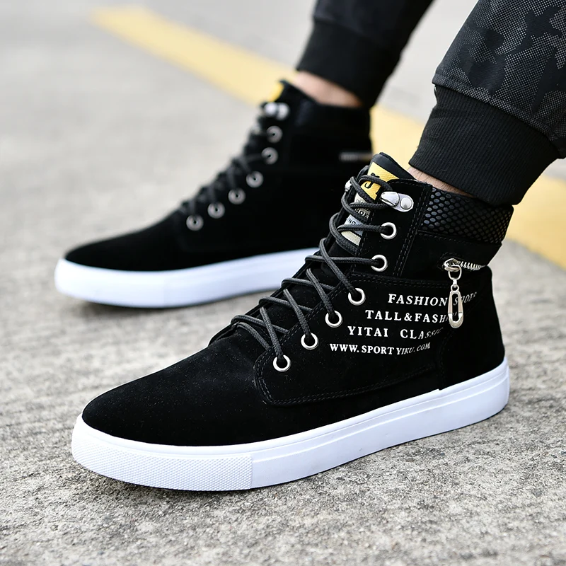 Men's Casual Shoes Lace-up High Top Fashion Shoes Men Autumn Zipper Decoration Flat Shoes For Student Black zapatos de hombre