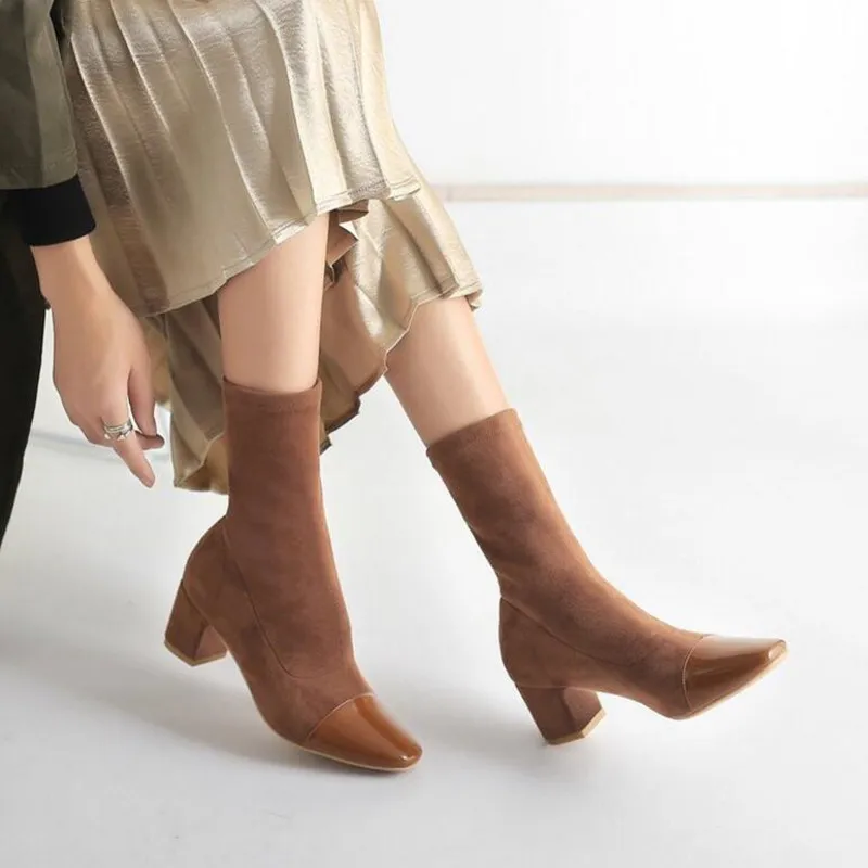 

2018 Women Boots Suede Ankle Boots Thick Heel High Heels Shoes Female Socks Boots Autumn Winter Martin Boots