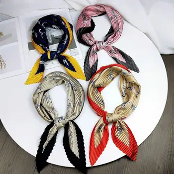 

Women Faux Silk Pleated Neck Scarf Head Hair Wrap Bandana Contrast Colored Striped Floral Retro Bag Accessory Square Neckerchief