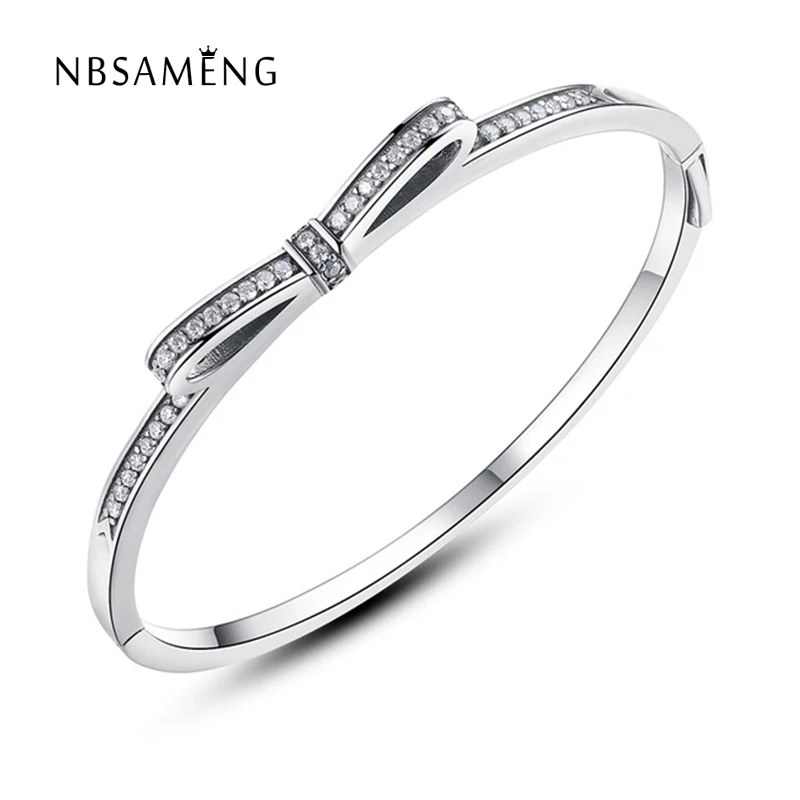 

2018 New Authentic 925 Sterling Silver Original Sparkling Bow Bangle With Clear Cubic Zirconia Fit Pan Bracelet DIY Jewelry