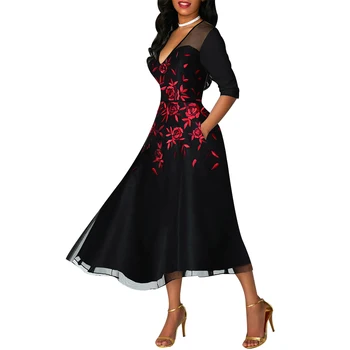 

Dress Plus Size Women Casual Lace Sleeve Floral Embroidery Sexy V Neck Party Night Elegant Dress A-Line vestidos Fashion New H20