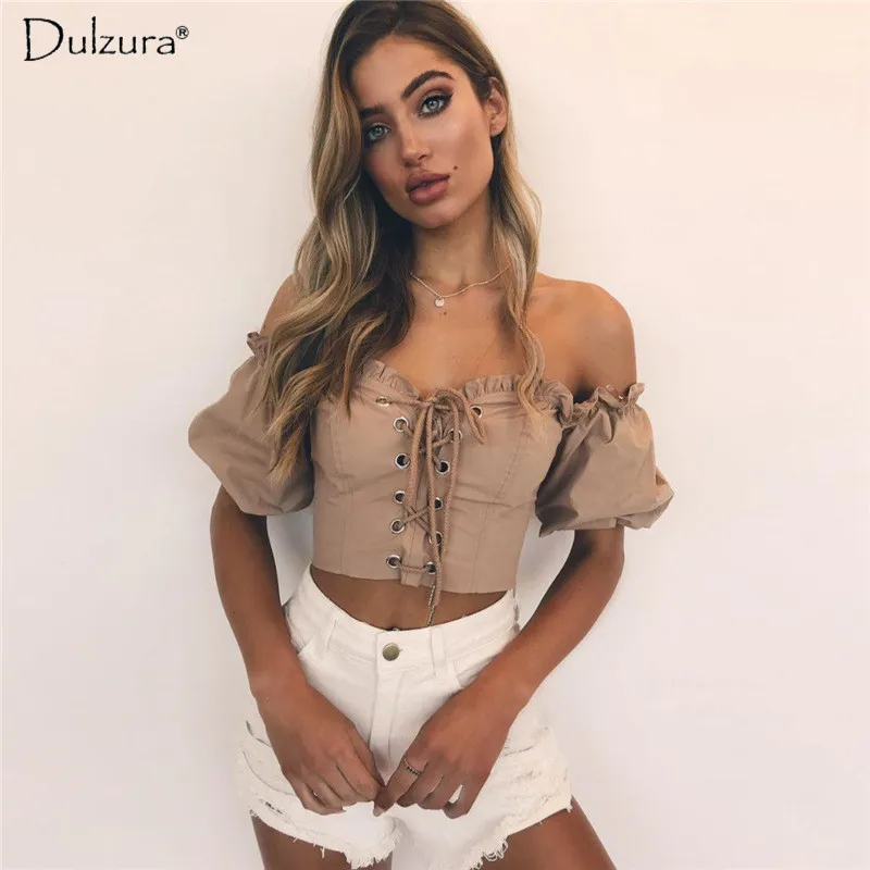 

HAWTHAW lace up off the shoulder short sleeve women crop tops 2018 summer autumn female sexy t-shirts ruched casual tee shirts
