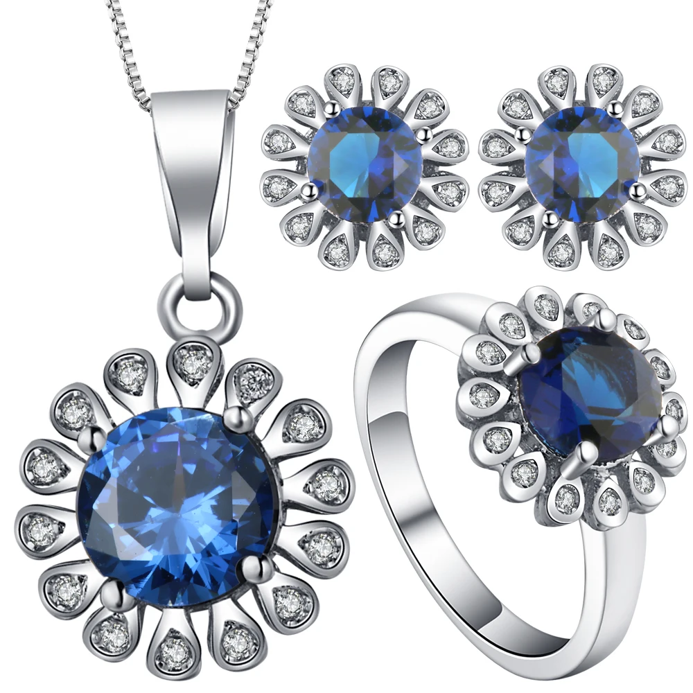 

Seanlov Silver Color Flower Ring Ancient And Earrings Women Party Wedding Necklace Set Gift Blue Large Cz Crystal Daisy