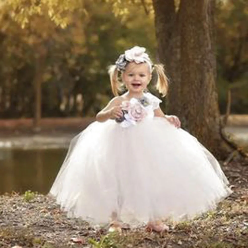 Kids Clothes Spring Tulle Lace One Shoulder Ankle Length Girls Dresses Age 13 White Flower Girls Wedding Tutu Dress Baby Frock (5)