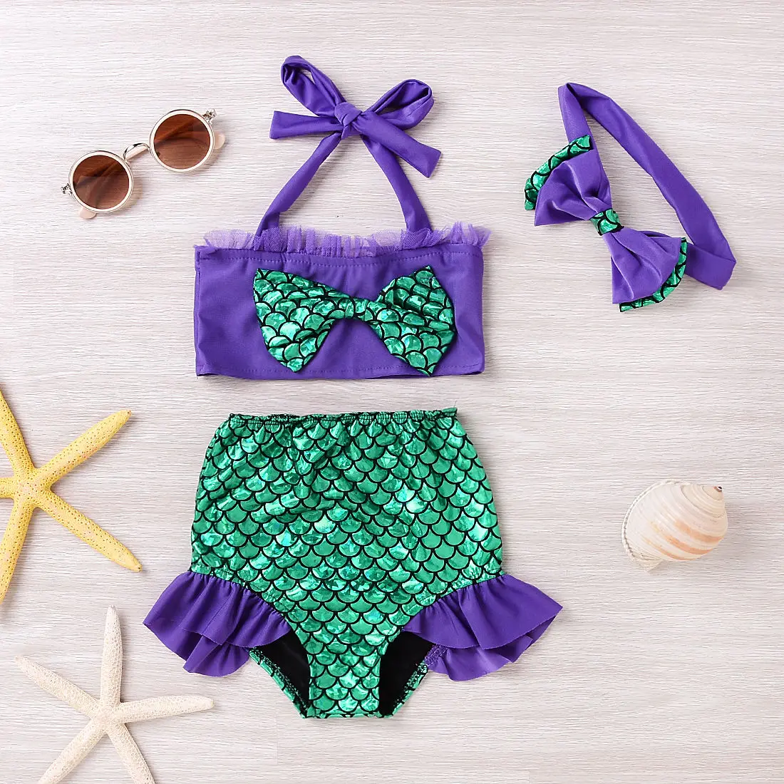 Two Piece Little Girl Bow Mermaid Swimsuits Baby Girls Bikini Suit
