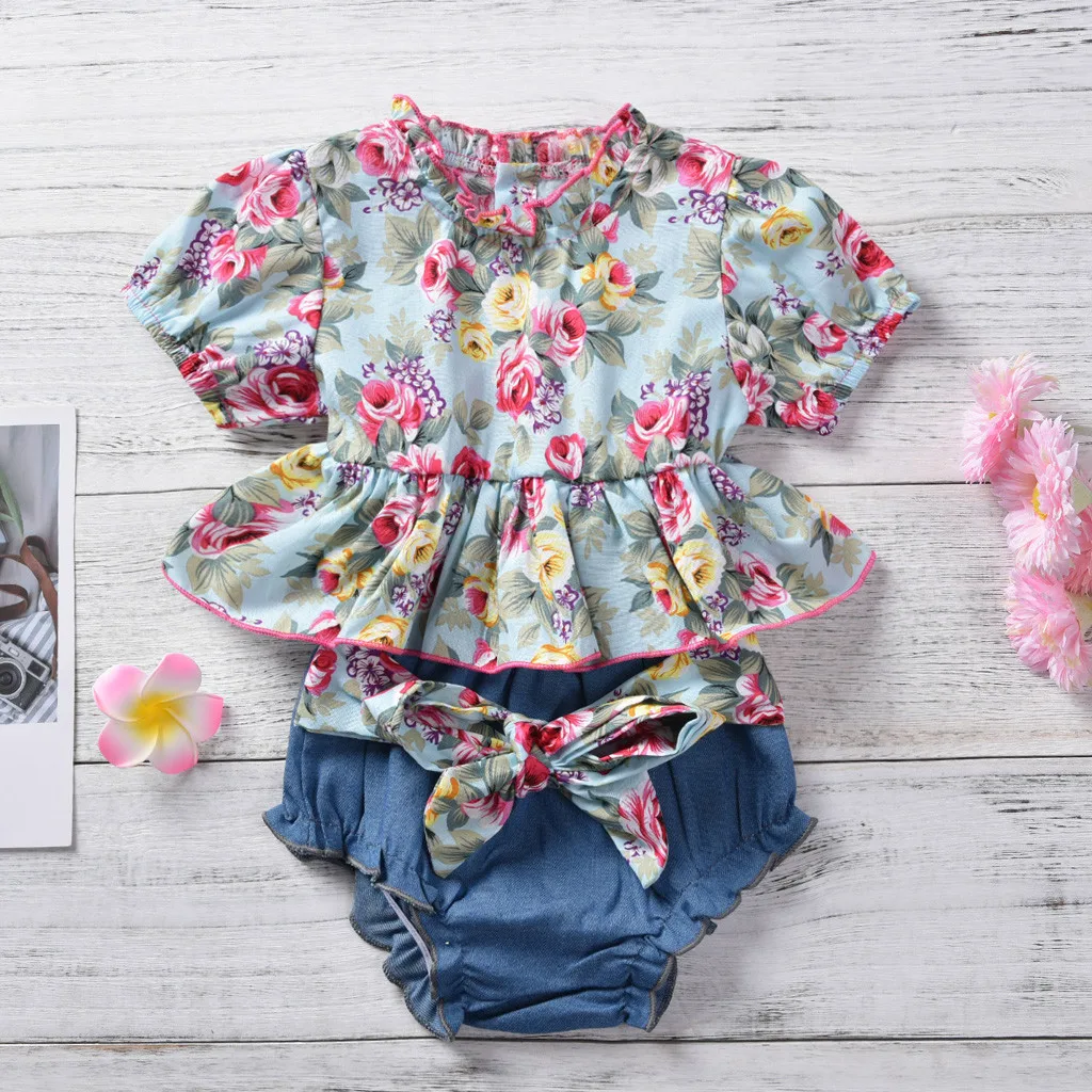 KLV cute infant newborn baby girl clothes cute newborn baby girl Flower Ruffle Print Tops+Bow Shorts Outfits Set clothes#y20