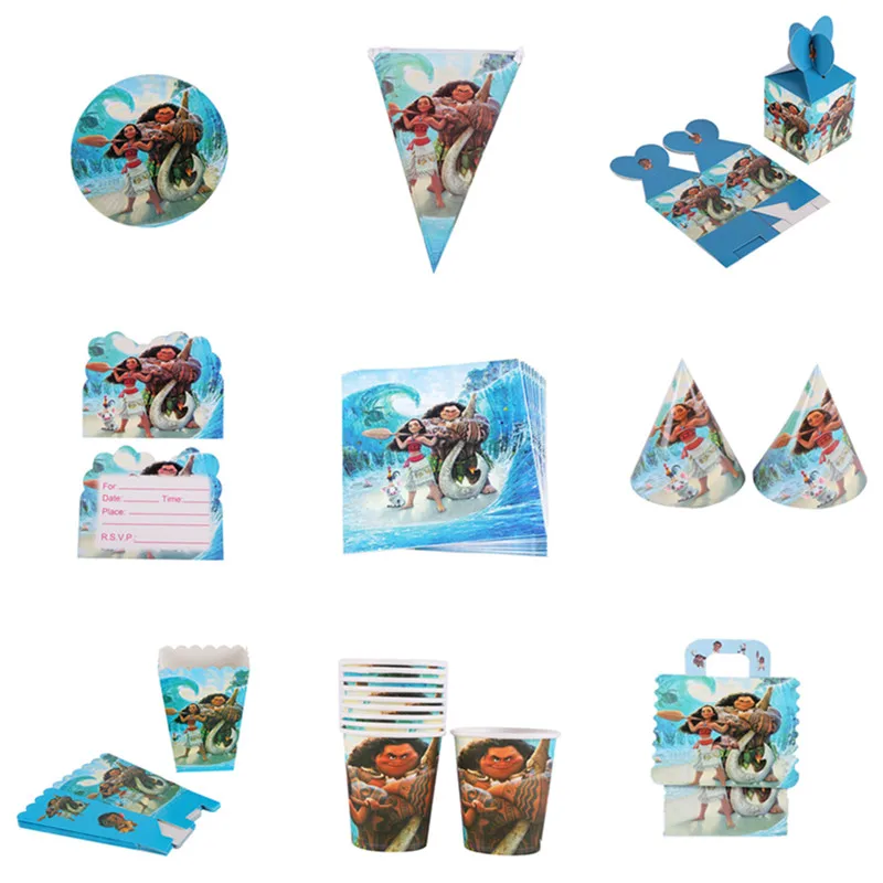 

Moana Theme Cartoon Party Set Balloon Tableware Paper Cup Plate Napkins Banner Birthday Candy Box Baby Shower Party Decoration