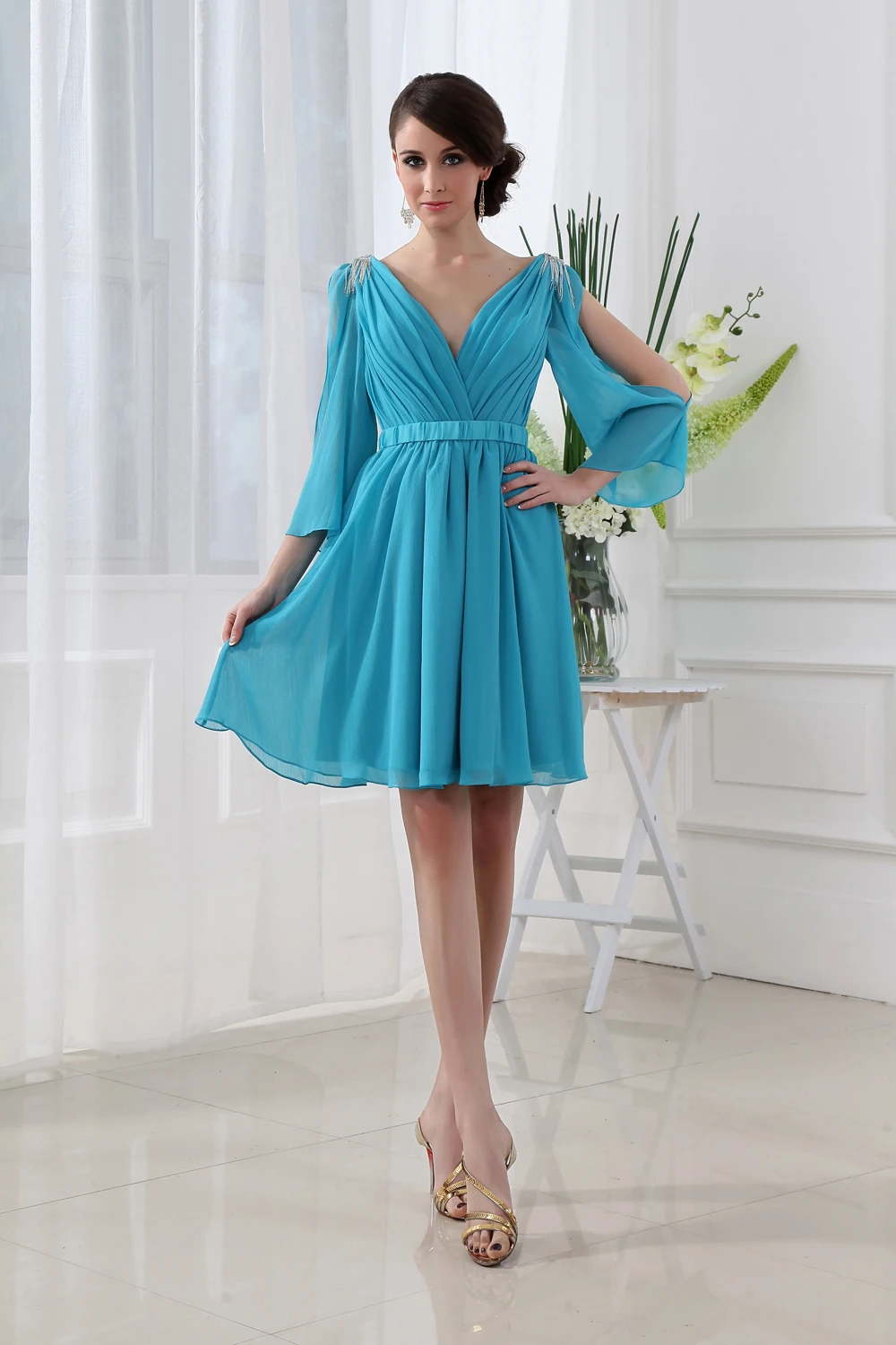 2017 V neck Greek Style Half Sleeves Sky Blue Short Cocktail Party Dress Wedding on Aliexpress