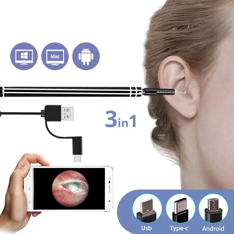 

3 in 1 USB Ear Cleaning Endoscope Camera 1.0 Mega Pixel Borescope Inspection Camera Earpick Tool for Android Phones and PC
