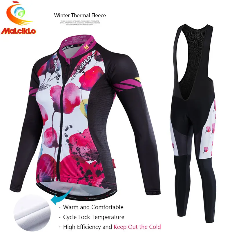 Malciklo Women 2017 Pro Fabric High Cycling Winter Thermal Fleece Jersey Long Set Ropa Ciclismo Bike