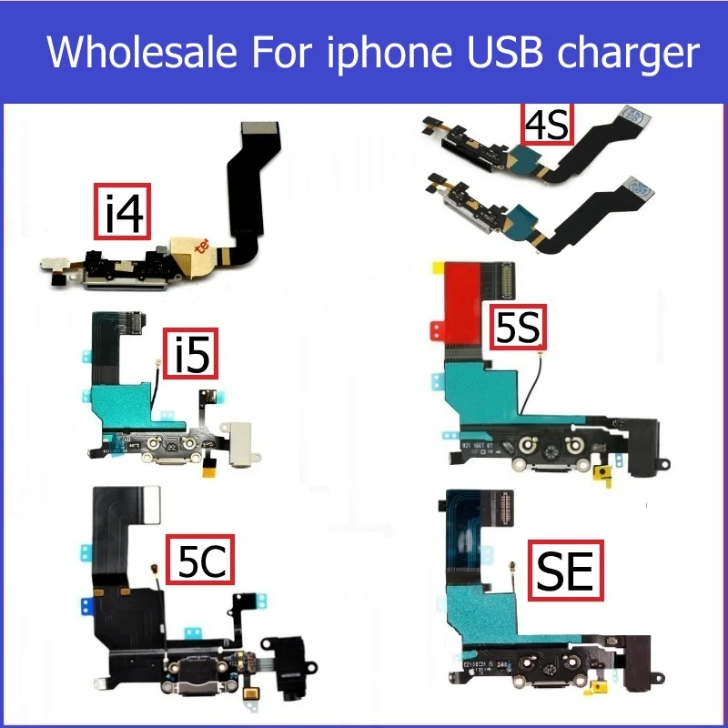 Wholesale USB Dock Chargering Flex Cable For iPhone 4 4s 5 5s 5C SE Black white headphone audio jack port connector flex cable