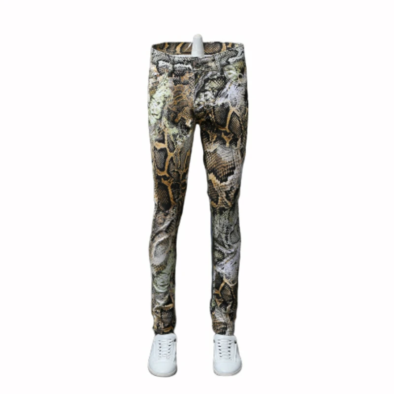 

New Fashion Men's Serpentine Printed Jeans Male Coloured Drawing Trousers Flower Pants Mens Skinny Jeans Classic Snake Grain